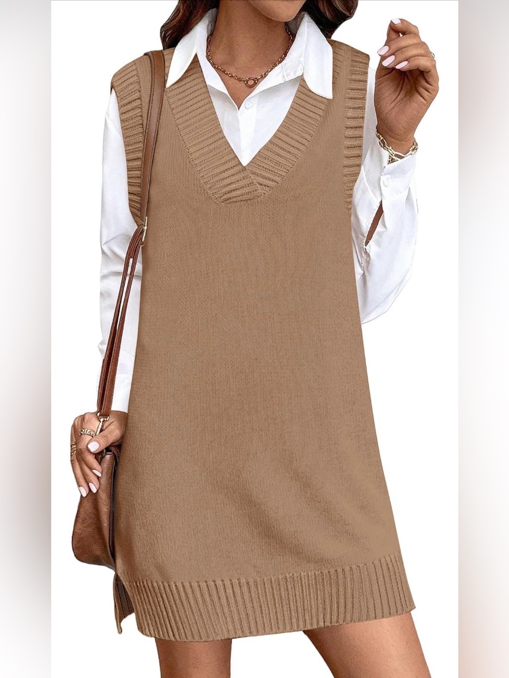 Ribbed Knit Sleeveless V-Neck Tunic in Camel